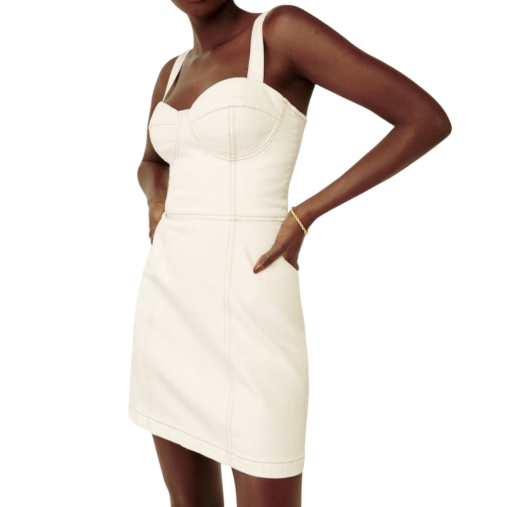 Reformation Nikki Bustier Denim Mini Dress, Vintage White - Size 10 NWT